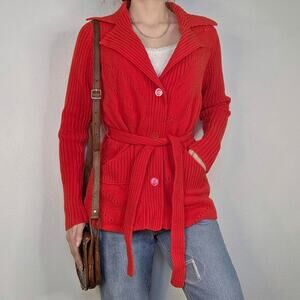 70s Red Belted Knit Cardigan Ribbed Tie Waist Vintage Sweater Size Medium